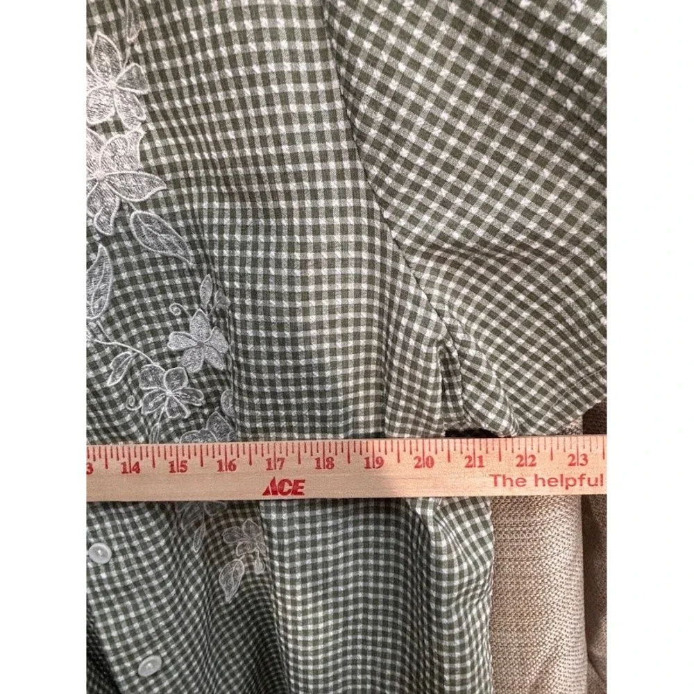 BonWorth 3 Piece Set Sage Green Gingham Embroidered Shirt Pants Top XL